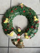 Ceramic Christmas Wreath Vintage HOLLY BERRY BIRDS PINECONES BELLS Holid... - £31.46 GBP