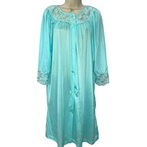 Vintage Gilead Nylon Robe Housecoat Sz S Silky Lace Button Teal Blue 3/4 Sleeve - £23.77 GBP