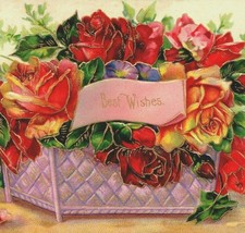 c1910 Best Wishes Flowers Roses in Purple Basket Embossed Gold Accent Postcard - £11.95 GBP