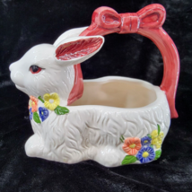 Easter Bunny Basket Ceramic 9&quot; Tall Rabbit Flowers Bow Handle Planter Easter - £10.23 GBP