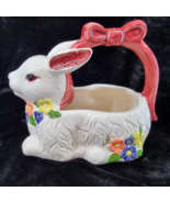 Easter Bunny Basket Ceramic 9&quot; Tall Rabbit Flowers Bow Handle Planter Ea... - $12.81