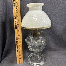 EAPG Magnesium Glass BLOCK PATTERN OIL LAMP BASE W/ Burner & 8” Hobnail Shade - £62.90 GBP