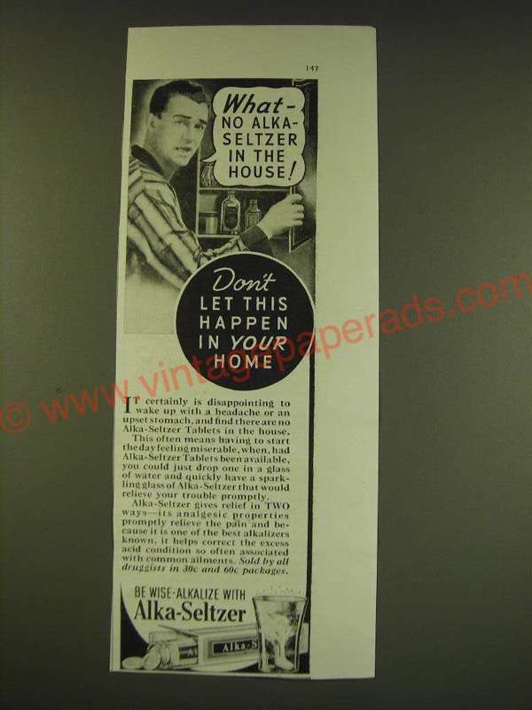 1938 Alka-Seltzer Tablets Ad - What - no Alka-Seltzer in the house! - $18.49