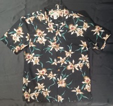 VTG Royal Creations Aloha Hawaiian Shirt Black White Orchids Cotton Men’... - £15.53 GBP