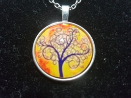 Orange Yellow Tree Of Life Cabachon Glass Pendant Silver Tone Necklace      Z13 - £7.67 GBP