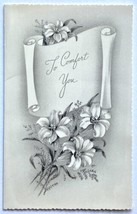 c1965 Sympathy Comfort Greeting Card Gray with Lily Flowers and Silver G... - £7.48 GBP