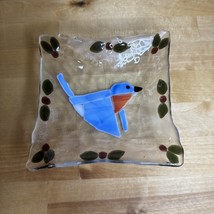 Fused Art Glass Blue Bird  Trinket Candy Dish Small Plate 6x6 in Vintage - $15.00