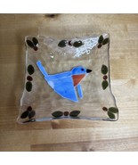 Fused Art Glass Blue Bird  Trinket Candy Dish Small Plate 6x6 in Vintage - $15.00