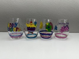 Set of 4 Unbranded Wine Glasses 5&quot; Handpainted Easter Bright Colors Bunny Eggs - $15.76