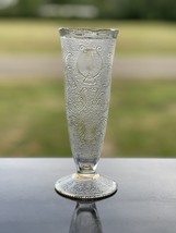 Vintage Depression Glass Harp Bud Vase Jeannette Glass w\Gold Trim 7 1/2&quot; - $10.44