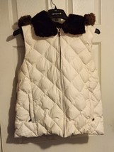 Lauren Ralph Lauren Quilted Puffer Vest Size L Ivory Faux Fur trim Hood Zip - £38.10 GBP