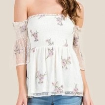 Francesca&#39;s Miami Floral Off The Shoulder Top Ivory Size S Embroidered S... - £23.34 GBP