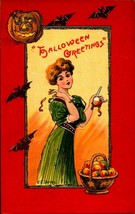 cir. 1909 POSTCARD EC Banks Lady Peeling Apple Bats - Halloween Greetings -bkc - £21.36 GBP