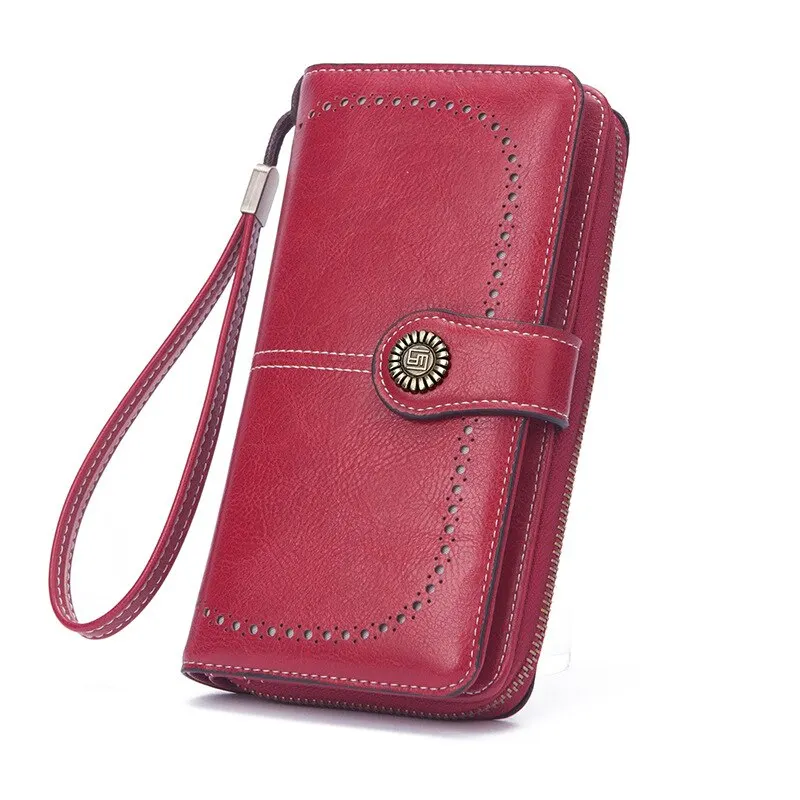 Long Purse Women 2023 New Retro Oil Wax Hollowed Out Wallet Korean Version Large - £58.95 GBP