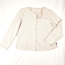 NIKI TAYLOR Cardigan Sweater L Vtg Y2K Liz Claiborne Tan Ivory Mini Stripe Snaps - £20.53 GBP