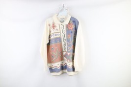 Vintage 90s Womens Petite Large Country Primitive Flower Knit Collared Sweater - £44.57 GBP