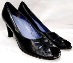 Franco Barbieri BLACK LEATHER Cut Out Pump Heel Peep Toe Italy Women 8.5... - $25.00