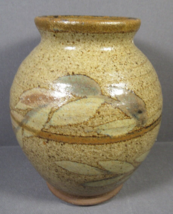 Studio Art Pottery Vase Tan Brown Speckled Hint of Blue Leaves Pattern 6... - $24.77