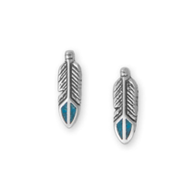 Oxidized Sterling Silver Turquoise Chip Inlay Feather Stud Earrings - £20.30 GBP