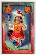 Halloween Postcard Spooky Mask Girl Moon Man Black Cat Witch Broom Owl JOL Nash - £44.76 GBP