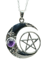 Amethyst Pentacle Crescent Moon Pendant 18&quot; Chain All 925 Sterling Silver Boxed - £35.86 GBP