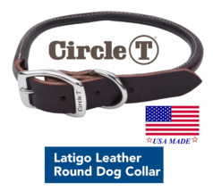 USA MADE Circle T Premium ROUND ROLLED LATIGO BROWN LEATHER DOG COLLAR H... - €19,62 EUR+