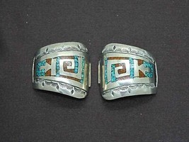 Native American Navajo Herman Coan Inlay Coral &amp; Turquoise Sterling Watch Tips - £382.89 GBP