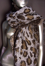 EXOTIC Soft Brown Leopard Print Crochet Knit Long Asymmetric Wrap Scarf - £19.90 GBP