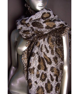 EXOTIC Soft Brown Leopard Print Crochet Knit Long Asymmetric Wrap Scarf - £20.03 GBP