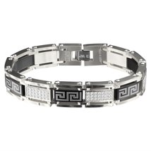 Steel & Black Greek Key with White CZ Accent with Side-Bar Link - £57.41 GBP