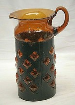 Studio Handcrafted Art Glass Root Beer Pitcher Vase Metal Diamond Band Vintage - £118.67 GBP