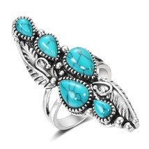 Boho Natural Stone Big Ring for Women Vintage Jewelry Ethnic Style Tibetan Silve - £6.95 GBP