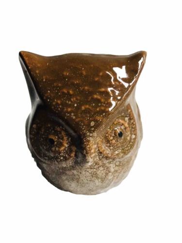 OWL FIGURE CERAMIC Rustic Country Textured Brown Feathers Big Round Eyes - $13.37