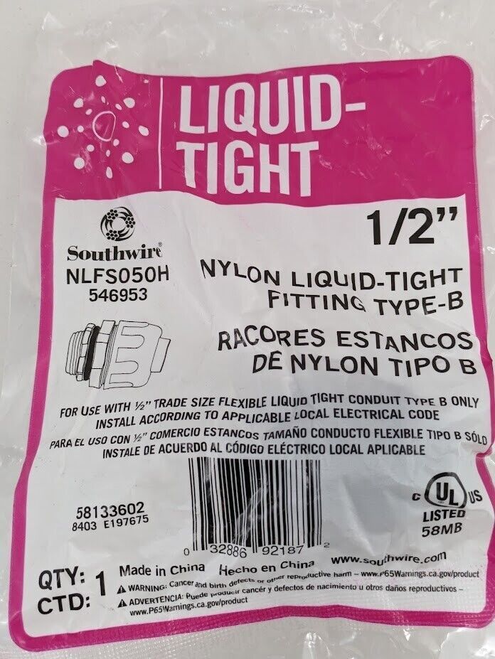 Southwire 546953 1/2&quot; Nylon Liquid-Tight Fitting Type-B NLFS050H - $8.42