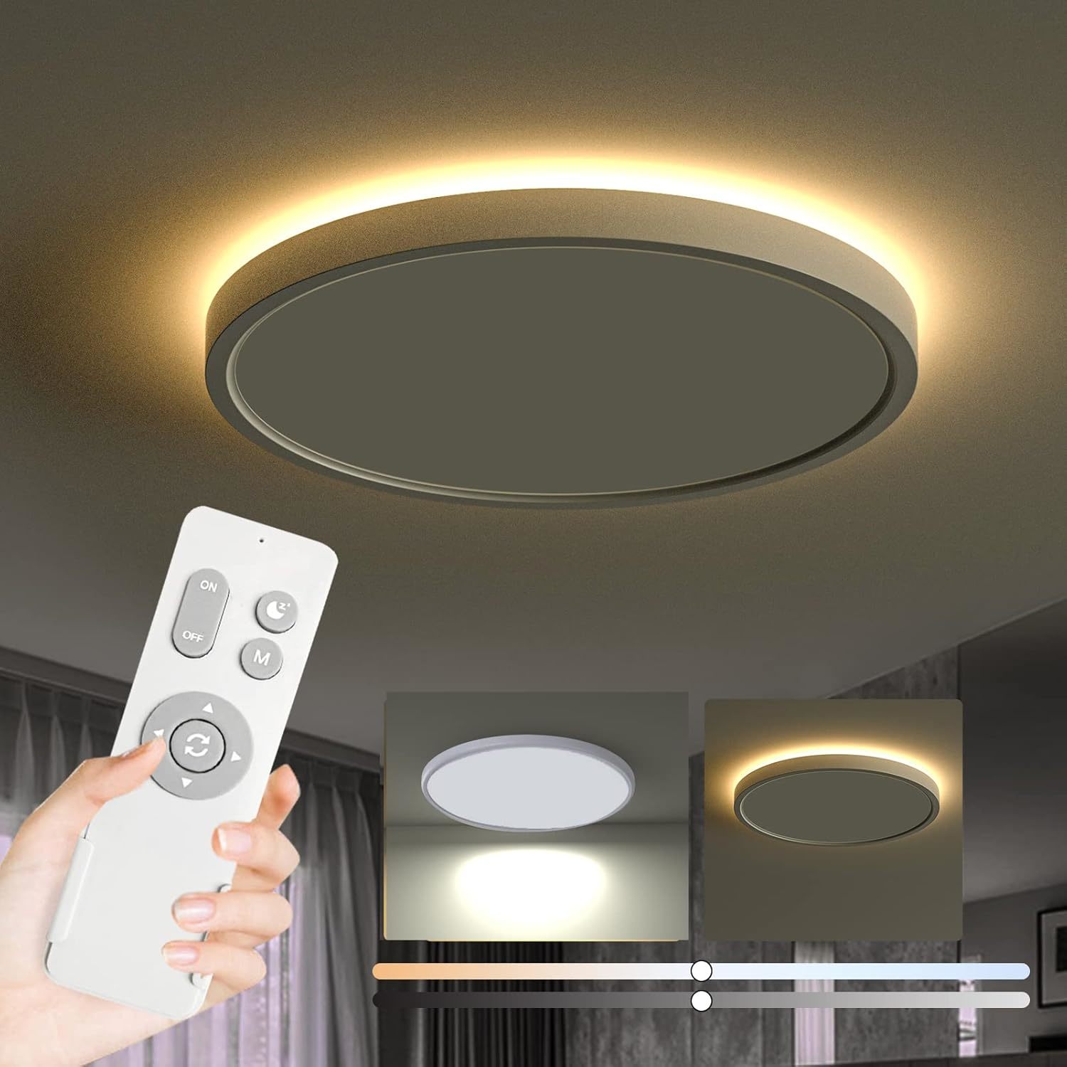 Flush Mount Ceiling Light Fixture With Remote Control, Nightlight Warm 3000K, Ha