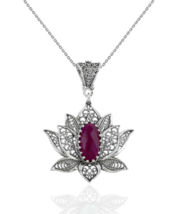 Filigree Art Ruby Corundum Gemstone Blossoming Lotus Flower Women Silver Pendant - $37.99