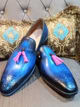 Men&#39;s Handmade Blue Brogue Leather Tasseled Loafer Moccasin Dress Shoes For Men - £100.84 GBP