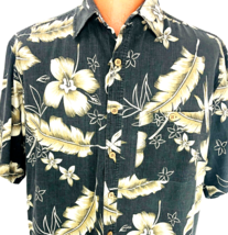 Island Republic Aloha Hawaiian Large Shirt Black Hibiscus Floral Leaves - £31.89 GBP
