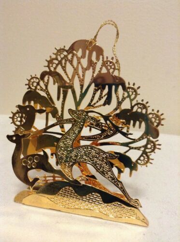 Primary image for Danbury Mint - 1989 Gold Christmas Ornament -  "Deer in the Forest" (A7)