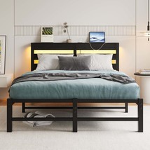 Full Size Metal Bed Frame w/ Wood Headboard, RGB Lights, Outlets, Storage - €151,88 EUR