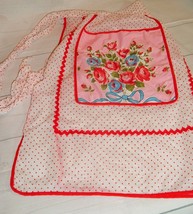Vtg Apron Handmade Farm Country Cottage Red Flocked Sheer Polka-Dot With Flowers - £11.90 GBP