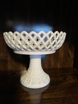 Milk Glass Pedestal Bowl Compote Cut Diamond Base, Lace Trim Bowl With Flowers - £31.97 GBP