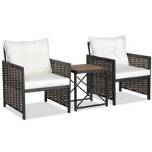 3 Piece Patio Rattan Furniture Set with Acacia Wood Tabletop-White - $244.95