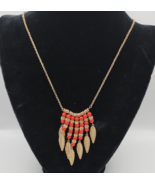 Long Gold Tone w/ Red Bead &amp; Feather Statement Necklace - 25&quot; - £15.19 GBP