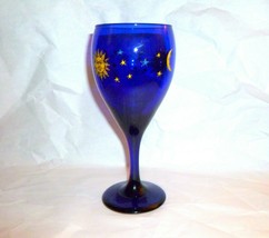 Vintage Libby Wine Goblet 12 oz Cobalt Yellow Sun Moon Stars Design - £15.76 GBP