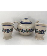 Stoneware  blue floral pattern blue trim design teapot and 2 cup set - $29.65