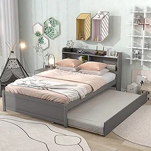 Full Bed With Trundle And Bookcase, Grey Wood Full Size Platform Bed Frame - $607.99