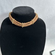 Vintage Natural Wood Beaded Choker Necklace 3 Strand With Gold Bead Accents - £10.26 GBP