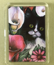 Cat Art Acrylic Small Magnet - Black &amp; White Cat With Callas - £3.13 GBP