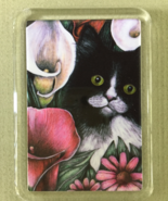 Cat Art Acrylic Small Magnet - Black &amp; White Cat With Callas - £3.19 GBP